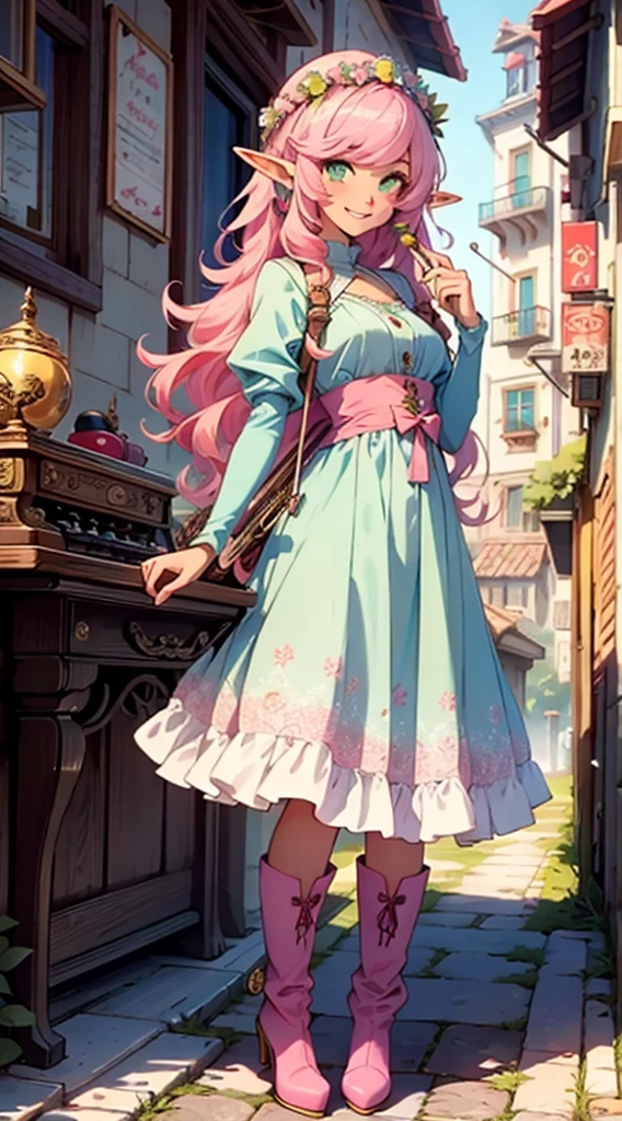 beautiful shy elf, long pink hair and blue streaks hair, green eyes, with flower crown, smile, flirty bard, lyre in hand, full body, boots, blue and pink dress.