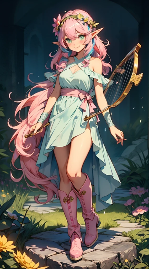 beautiful shy elf, long pink hair and blue streaks hair, green eyes, with flower crown, smile, flirty bard, lyre in hand, full body, boots, blue and pink dress.