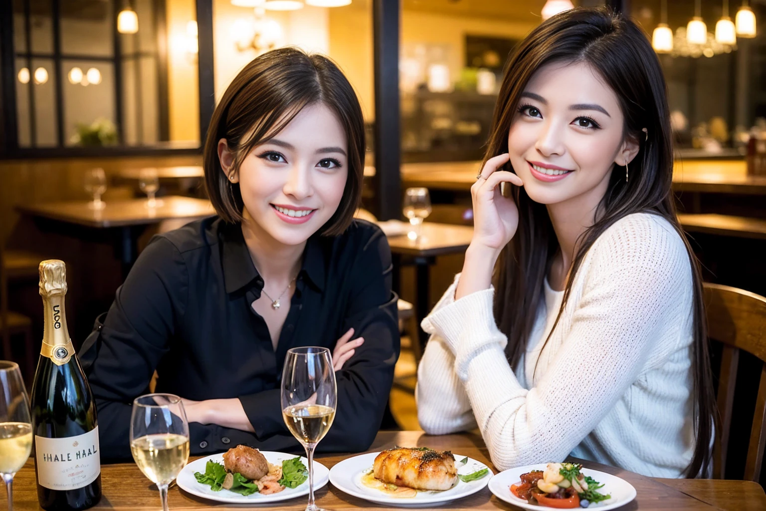 ((Highest quality、8K、masterpiece:1.3))、1 male 1 female、Slim lover、actress、Beautiful couple、Smile、full-course dinner、 (Slim face), (the body is スリム), (Brown Hair), (Shortcuts), ((Bob Hale、Straight hair:1.2)), テーブルの上のwine glass、Shine light on your face、 Amazing view of the sunset sky and clouds、The beauty of a smile、Bright image、Blushing, Shortcuts, (Age 35), 39 years old, Appetizers、Italian food、Wine bottle、Champagne、sparkling wine、Long sleeve shirt、dress、Attractive beauty、restaurant, Nova Frog Style, actress, model, Upper Body, White wine, red wine, wine glass,