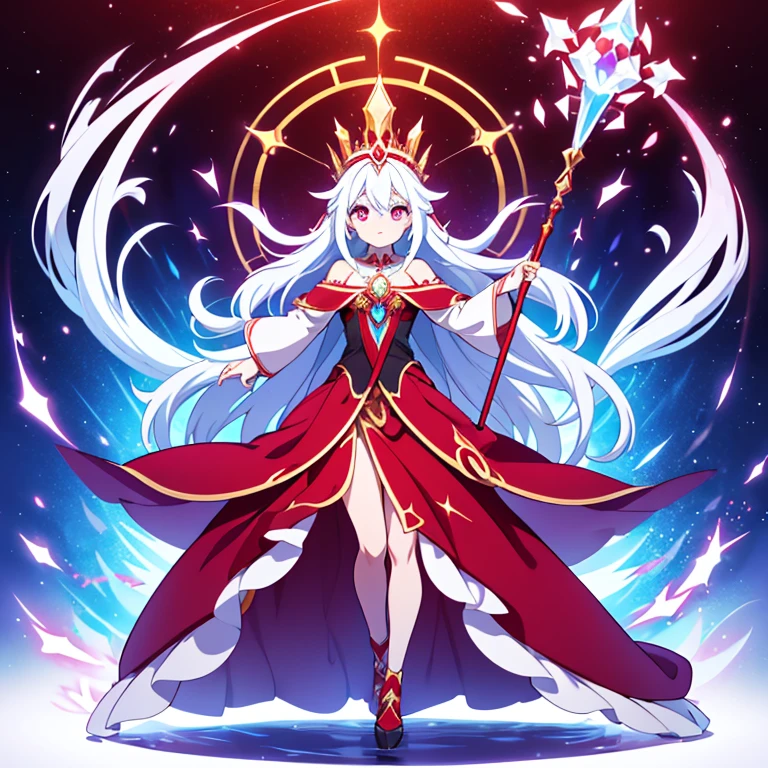 Body: Mindrissar retains the humanoid form of Mindrake but appears more regal and imposing. Its skin is now a frosty white with intricate, glowing red markings that pulse with psychic energy.
Head: The crown-like extensions on its head have evolved into a majestic headdress resembling ice crystals, with red highlights that symbolize its enhanced psychic powers and newfound Ice typing.
Eyes: Mindrissar's eyes are a piercing crimson, with a constant, icy glow that intensifies when it uses its psychic abilities. Its gaze is both mesmerizing and intimidating.
Clothing: It appears to be wearing elaborate, flowing robes made of shimmering ice and psychic energy. The robes are primarily red with white accents, creating a striking visual contrast.
Accessories: Mindrissar wields a staff that has evolved from Mindrake's ancient wood staff into one made of pure ice, with a large, glowing red crystal at the top. This staff enhances its psychic and ice-type moves. Full body, beautiful eyes , 1 girl , clan leader , princess , ball gown , frozen body