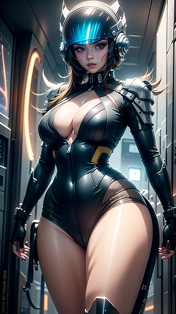 Alien woman, in a space suit, lots of cleavage, (floating in space), ((floating next to space ship)), (viewport of a nebula), faceless, helmet, combine assassin, military, gas mask, shoulder armor, armor, bulletproof vest, one-eyed, black bodysuit, white armor, glowing eye, 