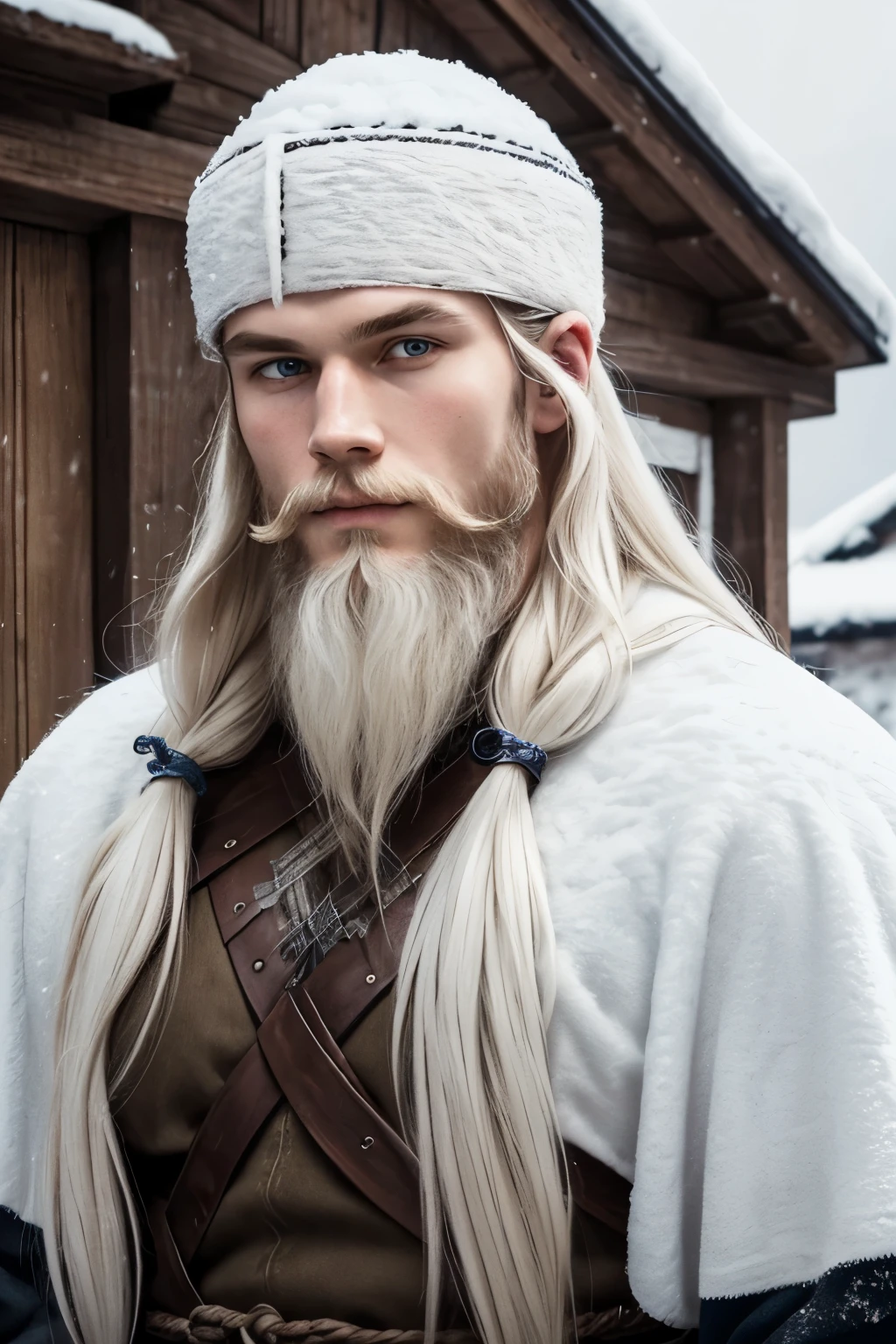 A handsome man of 25 years old. Nordic viking heritage. White long hair. Unshaved. Soft face. Kind. Friendly. In a snowy viking village.