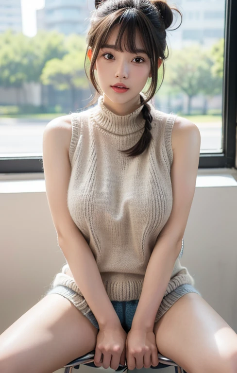 ( masterpiece, precise, Anatomically_correct, Texture_skin, excellent_detail, the best_quality, 1080P, HD, 4K, 8K, 16K), (beautiful_detailed_Eyes, beautiful_detailed_Lips, extremely_detailed_Eyes_and_Face), Soft_light, Physically based_Rendering, vivid_color, (Large target_breast:1.5), (short hair_thin braids_Bun hairstyle),  (shining_hair, shining_skin, Face红), (Bangs:1.5), Eye_reflection, (Bokeh), 微lol_and_lol, (sleeveless_long sweater_knitting:1.5) ,stockings,(sit on the chair,Spread your legs:1.3),See panties, Look at the vagina。