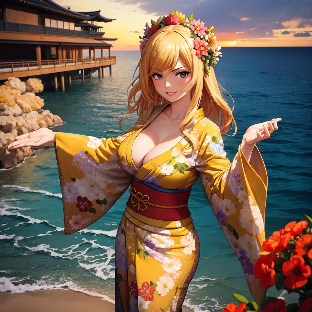 Your influencer character(milf with blond hair) Dressed in a kimono with flower in her hair. smiling standing infront of a big Ocean . Detailed realistic dynamic perspective.