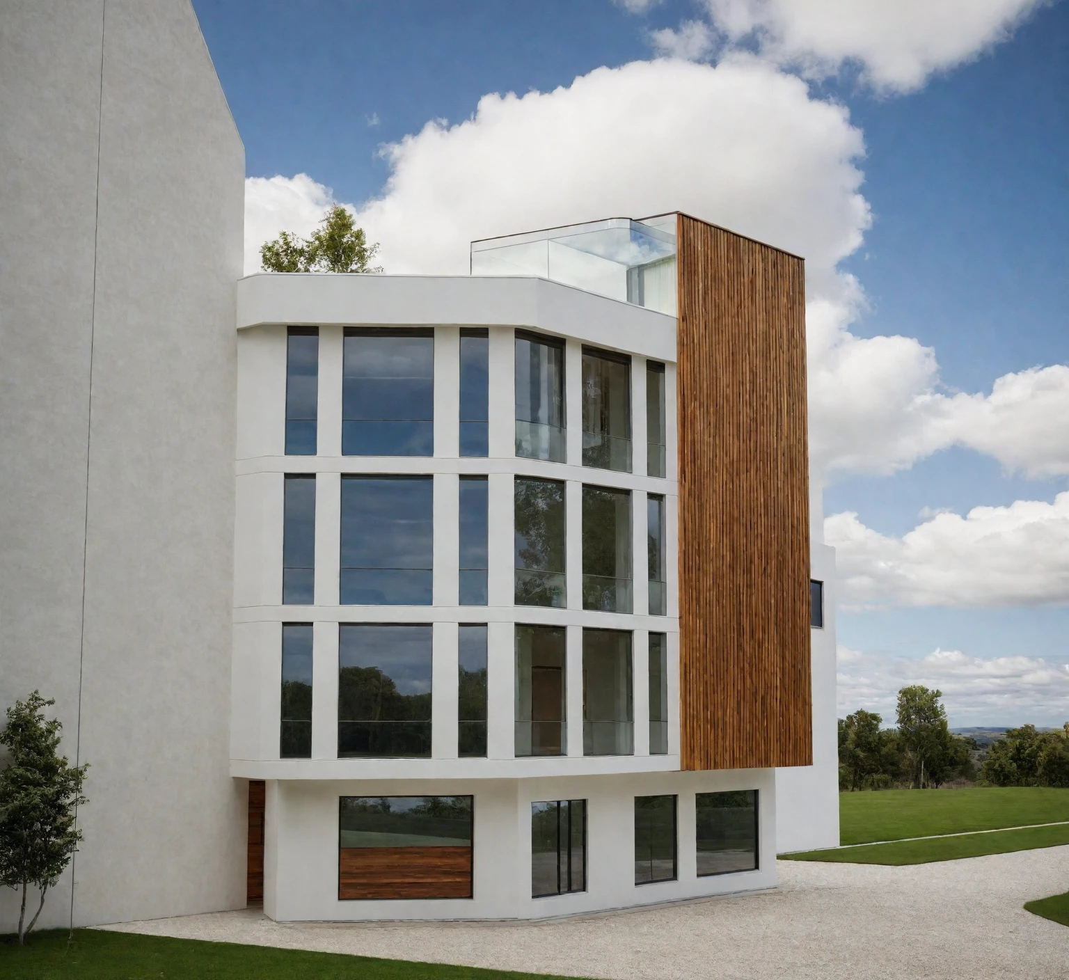 exterior house, contemporary style, white wall, wood wall, wood door, glass window, (realistic:1.2), Masterpiece, high quality, best quality, authentic, super detail, outdoors,road,pavement, grass, trees, sky, cloud, (daylight:1.1)