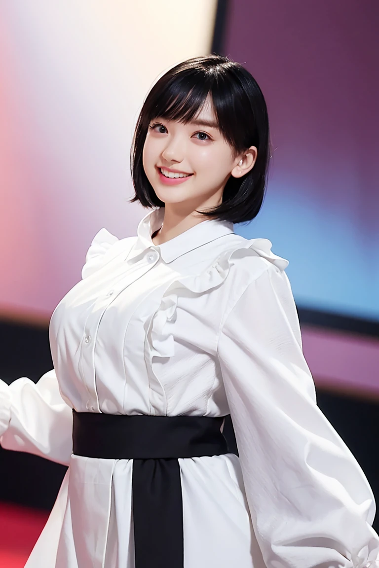 One woman、18-year-old、masterpiece、Highest quality、Ultra-detailed、Japanese、Like an idol、Black Hair、laughter、Short Hair、Clear, natural eyes、round face、Plump face、Very detailed、Beautiful detailed eyes、Beautiful detailed sparkle、Detailed light、Shiny Hair、Random pose、Random Angle、Very detailedな肌、(Curvaceous:1.0)、Headphones、Hip Hop Style、Colorful clothing、Dynamic pose、Slow motion、、(neon_background:1.1)Blur the background、Full Body Shot