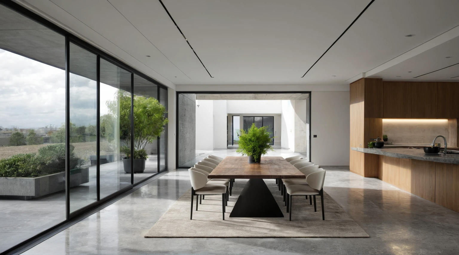 Raw photo, Masterpiece, high quality, best quality, authentic, super detail, interior, indoors, living room style modern, plant, daylight, table dining, A large dining table is placed in the center of the room, minimalism style, a kitchen with a sink and a large window in the background and a couch in the foreground, bright black and white contrast, design by James Turrell, White couch, grey carpet,
daylight:2.2), vivid colors, (realistic:2.3),
