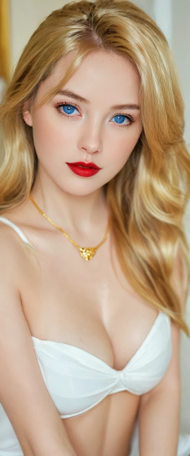 blond woman with blue eyes and red lips posing for a picture, gold necklace, golden necklace, small and thick red lips, wearing a gold chain, sexy red lips, wearing gold chain, gold jewerly, gold jewelry, wearing gold jewellery, gold and red, red lips, lovely woman, light-red lips, wide golden eyes and red lips