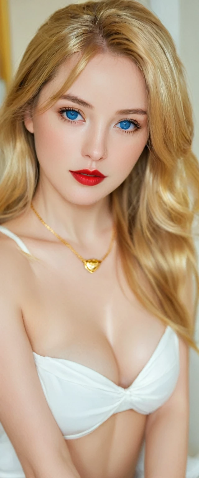 blond woman with blue eyes and red lips posing for a picture, gold necklace, golden necklace, small and thick red lips, wearing a gold chain, sexy red lips, wearing gold chain, gold jewerly, gold jewelry, wearing gold jewellery, gold and red, red lips, lovely woman, light-red lips, wide golden eyes and red lips