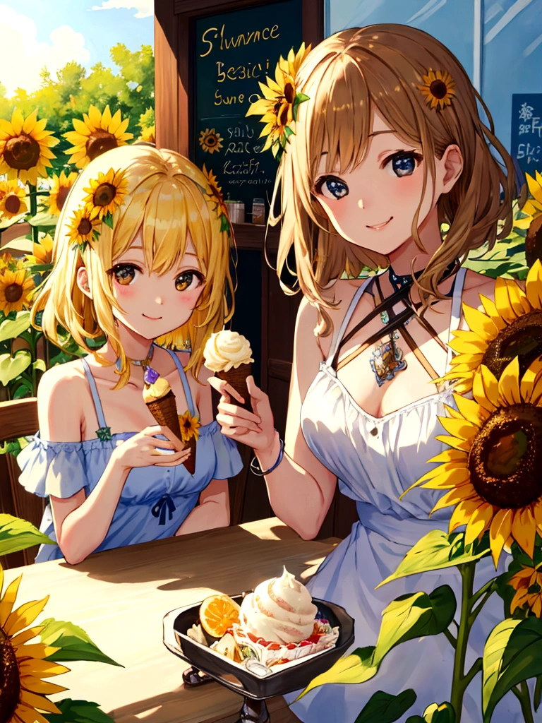 sunflower、Cafe、summer、ice cream、One beautiful girl、smile