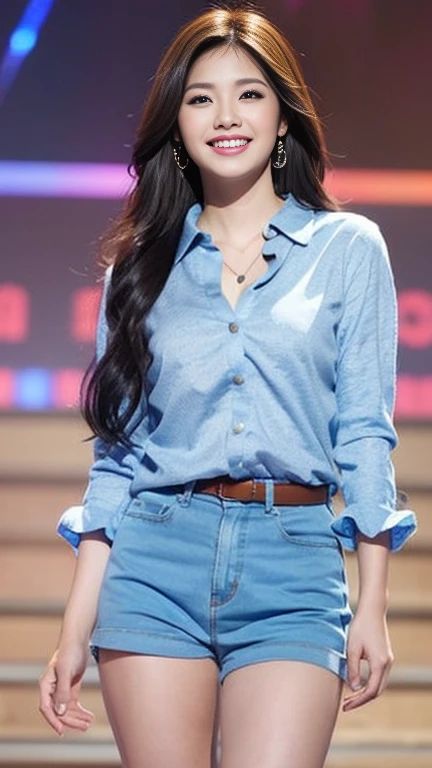 1 female, Dream Background, (Highly detailed body, very detailed face, top quality:1. Women), Looking at the audience, Smile with teeth, I can't see her hands, (Very Long Layered Hair:1.2), (Her thighs are beautiful:1.3), (8K:1.5), (cute man's Y shirt:1.3), (Skin radiance:1.3), (Huge breasts:1.3), The most beautiful woman in Korea, beautiful bridge, , super crazy hairstyles, beautiful long hairs, crazy long hairs, super long hairs, long hair, crazy long hairs, super long hairs , Long wavy hairstyle