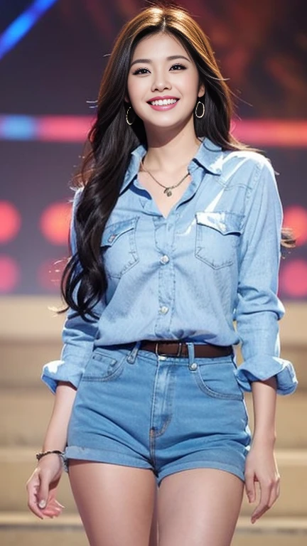 1 female, Dream Background, (Highly detailed body, very detailed face, top quality:1. Women), Looking at the audience, Smile with teeth, I can&#39;t see her hands, (Very Long Layered Hair:1.2), (Her thighs are beautiful:1.3), (8K:1.5), (cute man&#39;s Y shirt:1.3), (Skin radiance:1.3), (Huge breasts:1.3), The most beautiful woman in Korea, beautiful bridge, , super crazy hairstyles, beautiful long hairs, crazy long hairs, super long hairs, long hair, crazy long hairs, super long hairs , Long wavy hairstyle