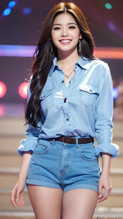 1 female, Dream Background, (Highly detailed body, very detailed face, top quality:1. Women), Looking at the audience, Smile with teeth, I can't see her hands, (Very Long Layered Hair:1.2), (Her thighs are beautiful:1.3), (8K:1.5), (cute man's Y shirt:1.3), (Skin radiance:1.3), (Huge breasts:1.3), The most beautiful woman in Korea, beautiful bridge, , super crazy hairstyles, beautiful long hairs, crazy long hairs, super long hairs, long hair, crazy long hairs, super long hairs , Long wavy hairstyle