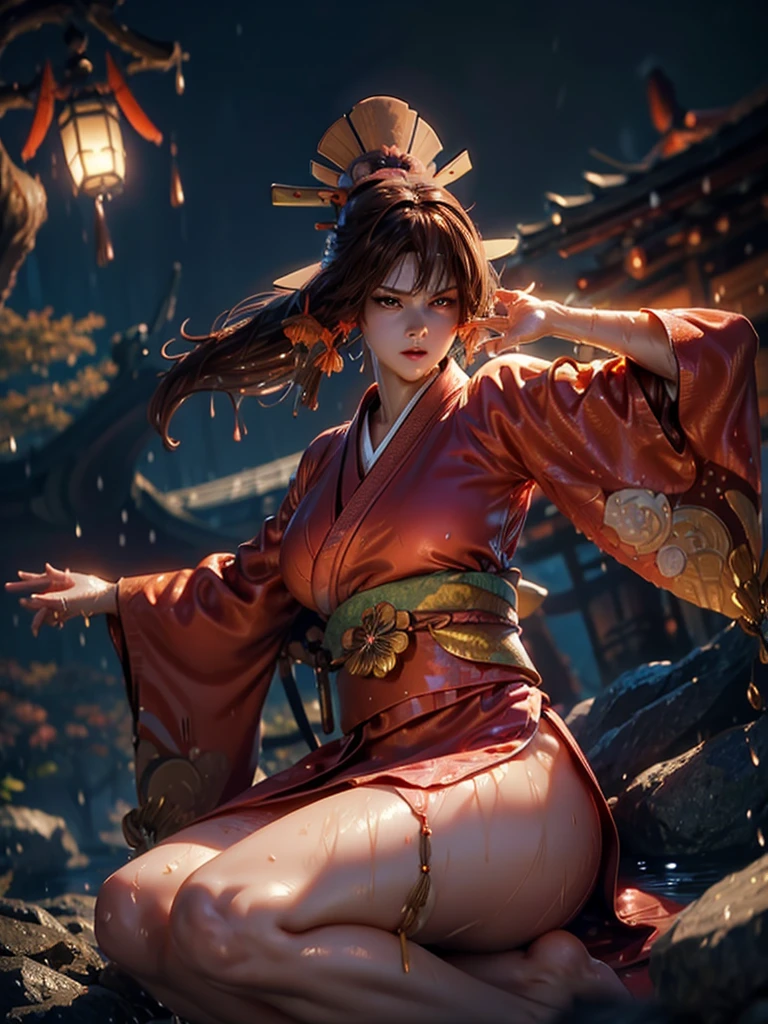 (exquisitely detailed CG unity 8k wallpaper, masterpiece-quality with stunning realism), (best illumination, best shadow), (best quality), (elegant style:1.2), Arti modern anime. angled view, heroic pose, midshot, (cel-shading style:1.3), centered image, ultra detailed closeup portrait of (Mai Shiranui:1) from (King of Fighters), best quality, expressive eyes, perfect face, highres, (ultra details), 1 girl, solo, (brown hair:1), hair ornament, eyeshadow, (gold, white and mainly red qipao:1), highly ornamented, (in Tokyo City:1), portrait, looking at the viewer, piercing eyes, full body, (light from the angle:1) (wind blowing:1.2).(depth of field effects:1.3) (motion action:1.2) (closeup:1.2) (motion blur effects:1), spreading feet, Thin to transparent,see-through, (((Soggy-kimono:1.2))),Lace fabric, (((water-immersed body: 0.9))), jewellery, (lying down:1) (fire in the background:1.1), (asian face:1.2), (nail polish:.6), (makeup:.8), (arms and hands resting:1) (arms down:1) (sexy pose:1), (2 legs:1), (2 arms:1), (2 hands:1)