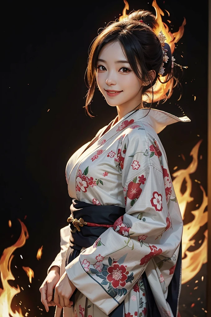 A smiling beautiful woman in a kimono manipulates flames against a background of burning flames