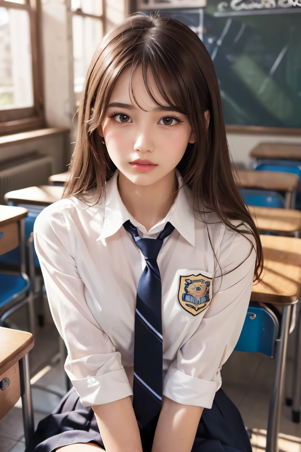 (Showing off panties:1.2), (Professional portrait, Realistic and perfectly shaped subjects:1.3), (masterpiece, highest quality:1.2), (Realistic, Ultra-realistic, Realistic:1.3), (ultra High resolution), High resolution, Intricate details, Super detailed, (Highly detailed CG, unity 8k wallpaper:1.3), Clear image,
break
(1 Japanese girl, ), (cute, Slender figure), (Perfect Anatomy, Correct limbs:1.2), (Perfect hands), Perfect Arms, Beautiful and delicate face down to the last detail, Beautiful and delicate eye and eye highlights, (Very thin and delicate、not too long lashes), (Captivating eyes, Beautifully detailed eyes and face), light makeup, Pink Lip, Lip gloss, Stylish face, (Shiny skin, Realistic skin detail), Brown Hair, medium chest
break
((school uniform)), (High school girl), (Black socks), shirt open
break
classroom, Sitting in a chair, (Cowboy Shot), break
(((blush:1.4))), ((Embarrassing:1.4)), (((shy:1.5)))
break
from below
break