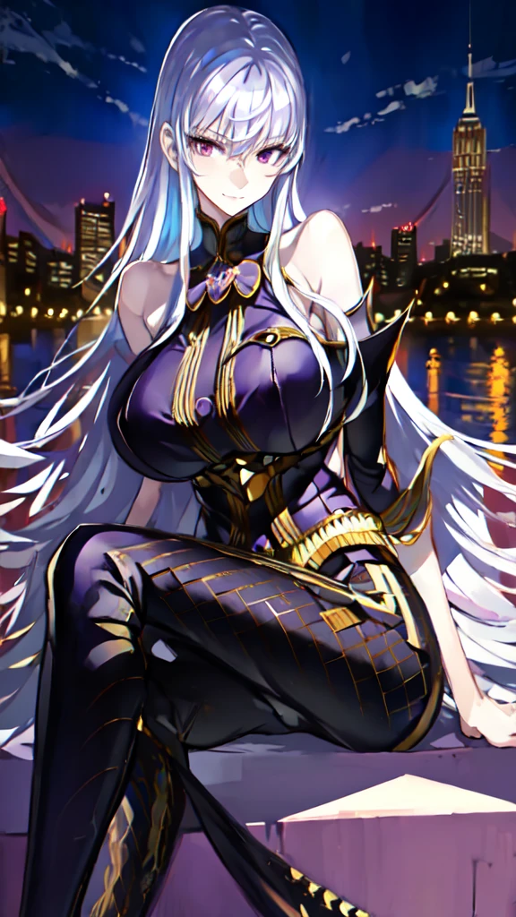 (((masterpiece))), best quality, 1girl, pantyhose, silver hair, red eyes, park in the night with fountains background, looking at viewer, smile, busty, highly detailed face,highly detailed eyes, sitting with crossed legs, purple eyeshadow, hi resolution,4k