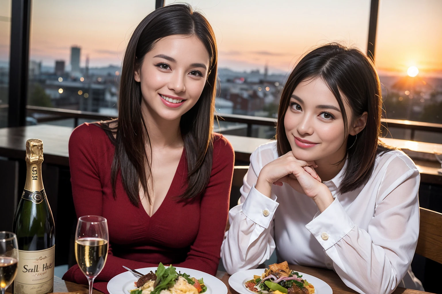 ((Highest quality、8K、masterpiece:1.3))、1 male 1 female、Slim lover、Beautiful couple、Smile、full-course dinner、 (Slim face), (the body is スリム), (Brown Hair), (Shortcuts), ((Bob Hale、Straight hair:1.2)), テーブルの上のwine glass、Shine light on your face、 Amazing view of the sunset sky and clouds、The beauty of a smile、Bright image、Blushing, Shortcuts, (43 years old), 39 years old, Appetizers、Italian food、Wine bottle、Champagne、sparkling wine、Long sleeve shirt、dress、Attractive beauty、restaurant, Nova Frog Style, actress, model, Upper Body, White wine, red wine, wine glass,