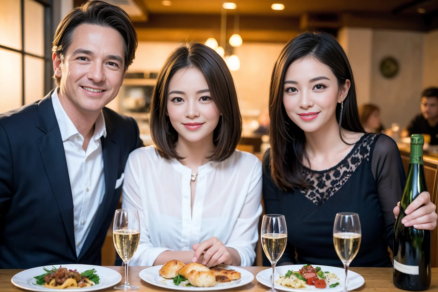 ((Highest quality、8K、masterpiece:1.3))、1 male 1 female、Slim lover、Beautiful couple、Smile、full-course dinner、 (Slim face), (the body is スリム), (Brown Hair), (Shortcuts), ((Bob Hale、Straight hair:1.2)), テーブルの上のwine glass、Shine light on your face、 Amazing view of the sunset sky and clouds、The beauty of a smile、Bright image、Blushing, Shortcuts, (43 years old), 39 years old, Appetizers、Italian food、Wine bottle、Champagne、sparkling wine、Long sleeve shirt、dress、Attractive beauty、restaurant, Nova Frog Style, actress, model, Upper Body, White wine, red wine, wine glass,