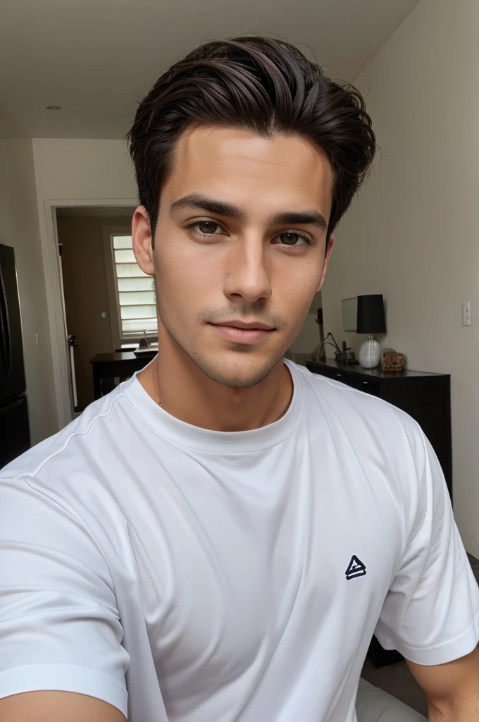 A handsome boy natural and real in face detail wearing a full shirt selfie 