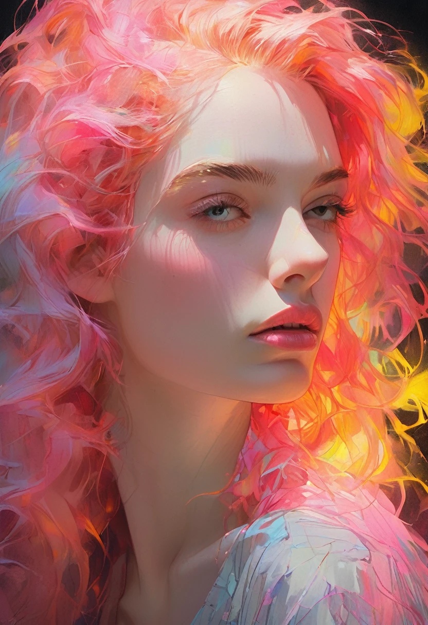 Light projection,Portrait of a woman painted with light on the wall,Stunning beauty,Soft Light, Dark colors,Line art,Simple Background,modernism, View your viewers, Beautiful Eyes, Beautiful Face, Feeling happy, Glistening lips, Pink Hair, A light smile, compensate, beautiful compensate, shining pink lips, punk, Goth, scarf, Beautiful Hair, Brown Hair