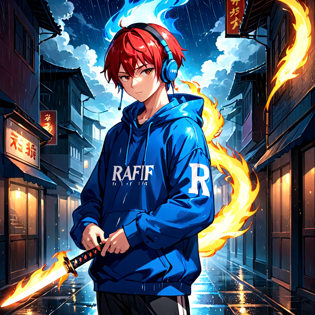 18 year old male anime wearing a blue hoodie with the word "RAFIF" on the chest, Hoodie has a shining effect, Wearing Sneakers, Blue hair and red hair combined, Headphones around the neck, holding a shining fire katana, rainy night atmosphere.