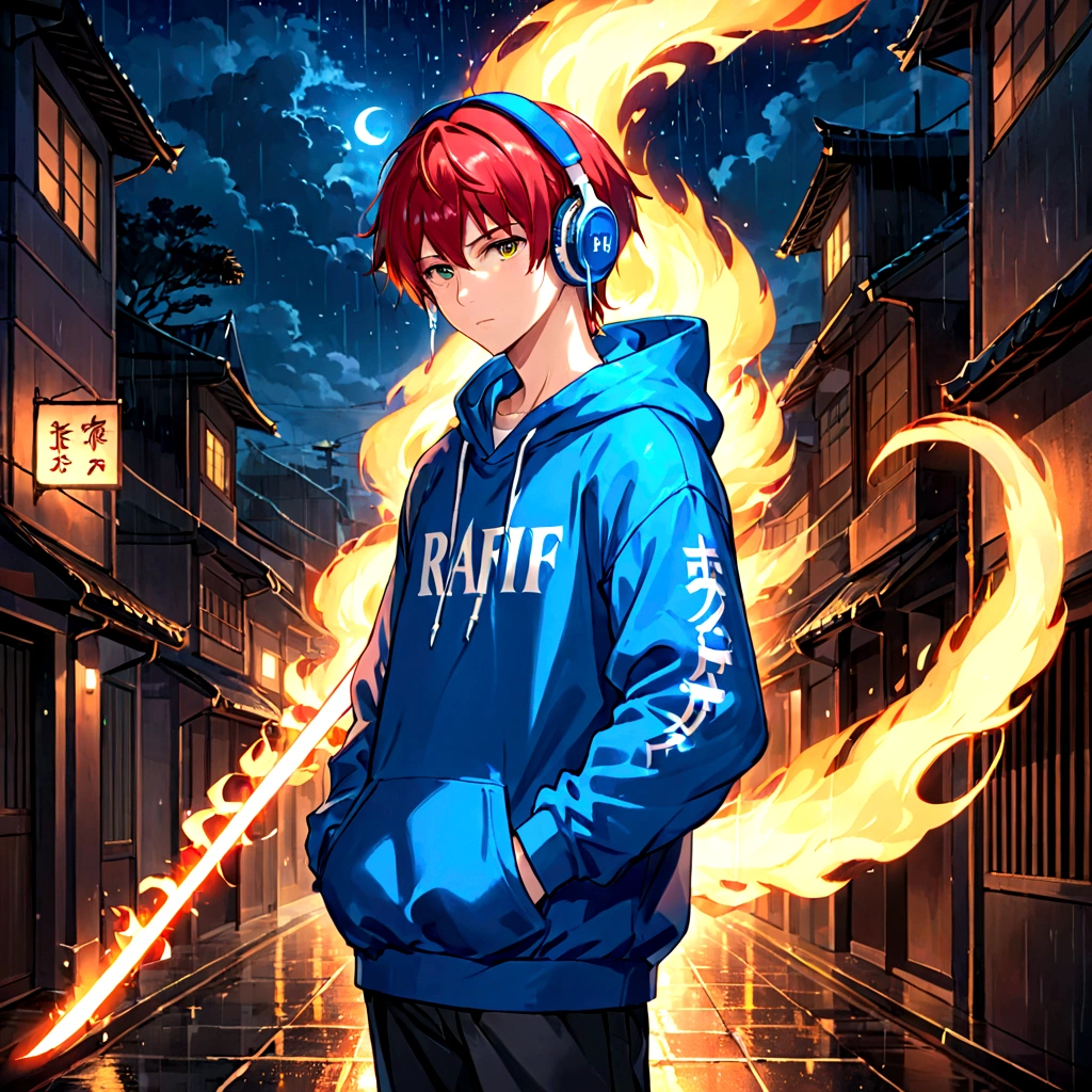 18 year old male anime wearing a blue hoodie with the word "RAFIF" on the chest, Hoodie has a shining effect, Wearing Sneakers, Blue hair and red hair combined, Headphones around the neck, holding a shining fire katana, rainy night atmosphere.