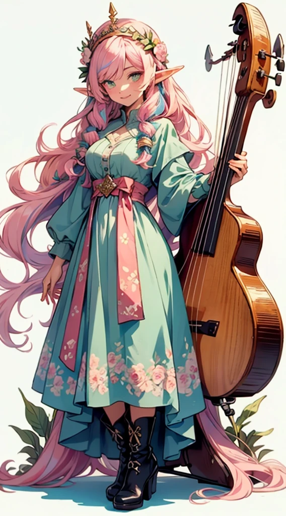 beautiful shy adult elf, long pink hair and blue streaks hair, green eyes, with flower crown, smile, flirty bard, holding lyre, full body, boots, blue and pink dress.