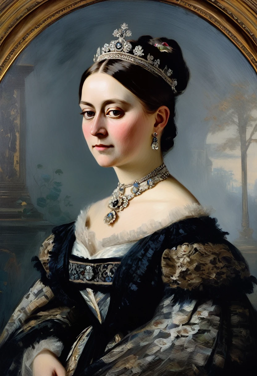 [ceremonial portrait]: charming young queen Victoria, a slight mysterious smile from the shoulder, a dress with embroidered patterns, 19 century,(Adolf Piot style)), The dark Renaissance, (fog, very scuffing), ((palette/oil painting palette knife)), ((masterpiece)), single shot, impression:1.2, extreme detail, perspective:1.33, 8k