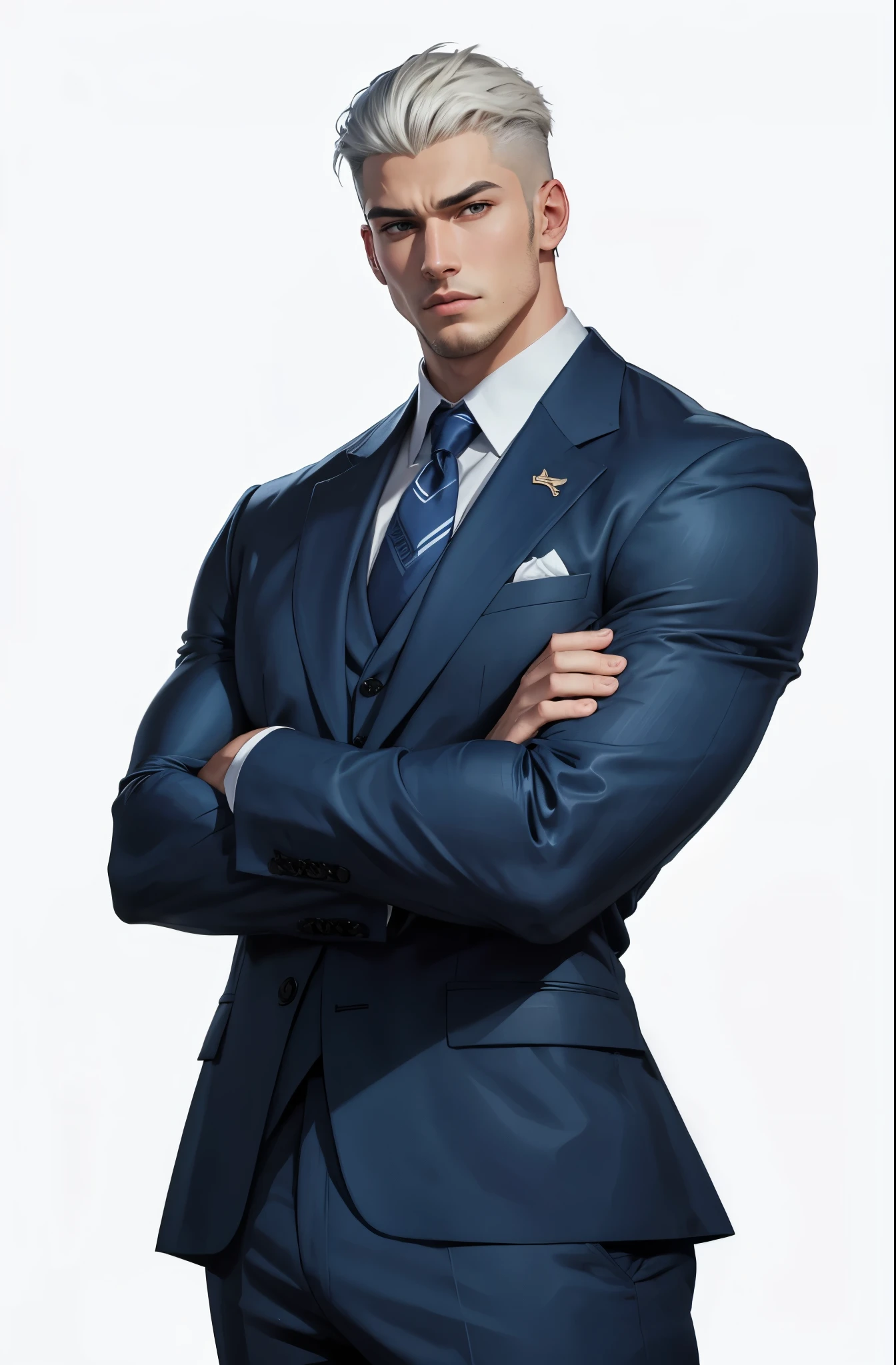 Drawing of a young Chad, Dark blue suit,hong'se'r tie, White shirt,Pants,入耳式earphone,earphone, Looking at the camera, male,Silver short hair,Blue Eyes,muscle,bodyguard,Light and Shadow,(Luminescence:1.5),(Cyberpunk:1.5)
