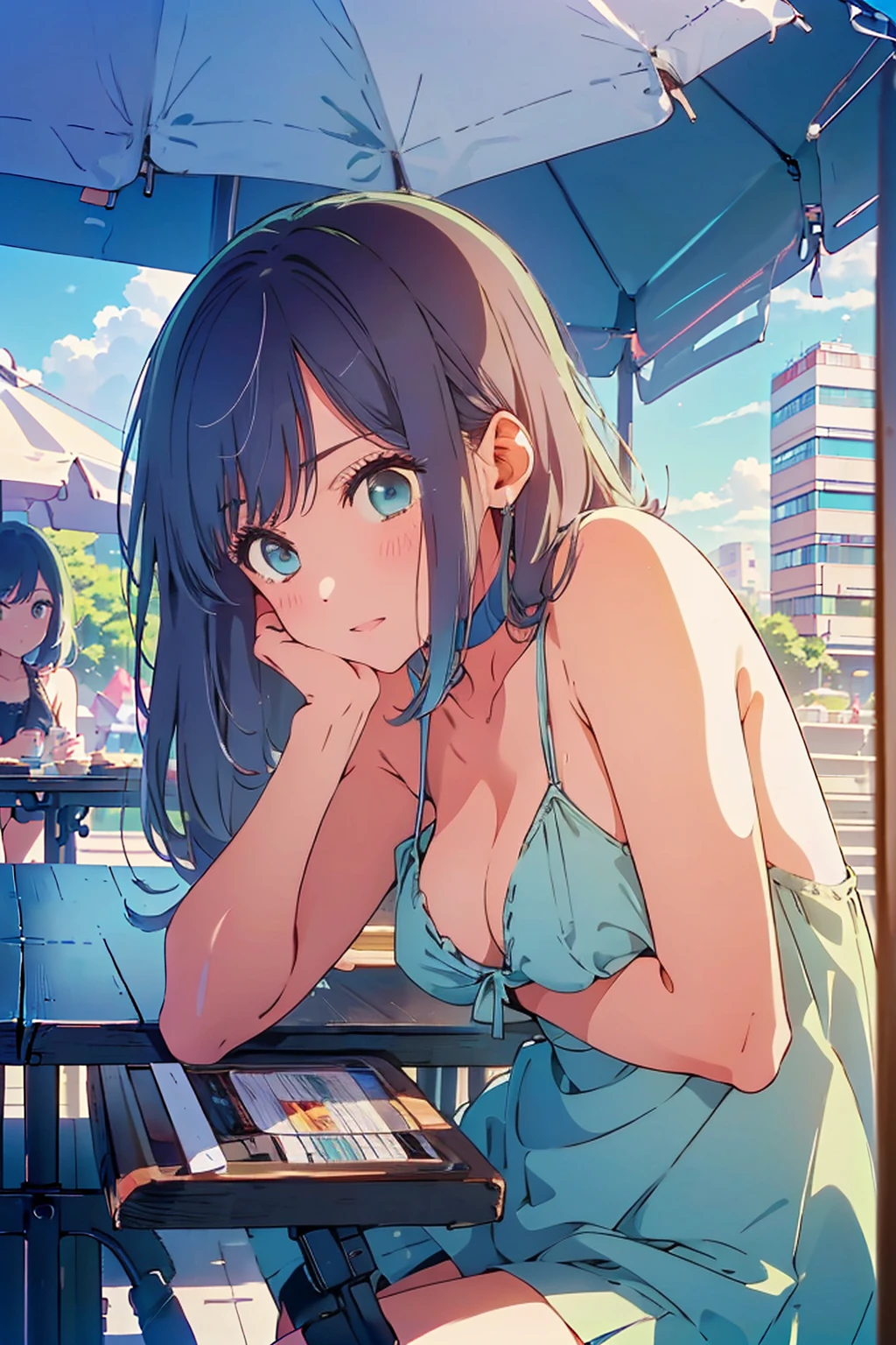(Highest quality:1.4、masterpiece:1.4、Super detailed:1.4、Ultra-high resolution:1.4、8K:1.4)、F cup bust、Big Breasts、Slim body、((((1 person、Surprised expression、sit、Chair、In the background are the urban buildings of Tokyo、looking at the camera、Outdoor café terrace、coastal、juice、Shooting up close、Shooting from an angle、table、Very cute face))))、(Pose with hands tucked behind ears:1.4、Cheek resting on hand:1.4）、((nude、very beautiful areola))、bikini、Very blue sky、A completely cloudless sky