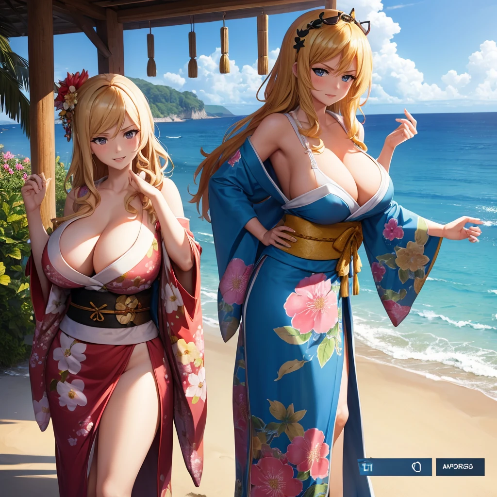 Your influencer character(milf with blond hair and big boobs) Dressed in a kimono with flower in her hair. smiling standing infront of a big Ocean gazing at the screen. Detailed realistic dynamic perspective.
