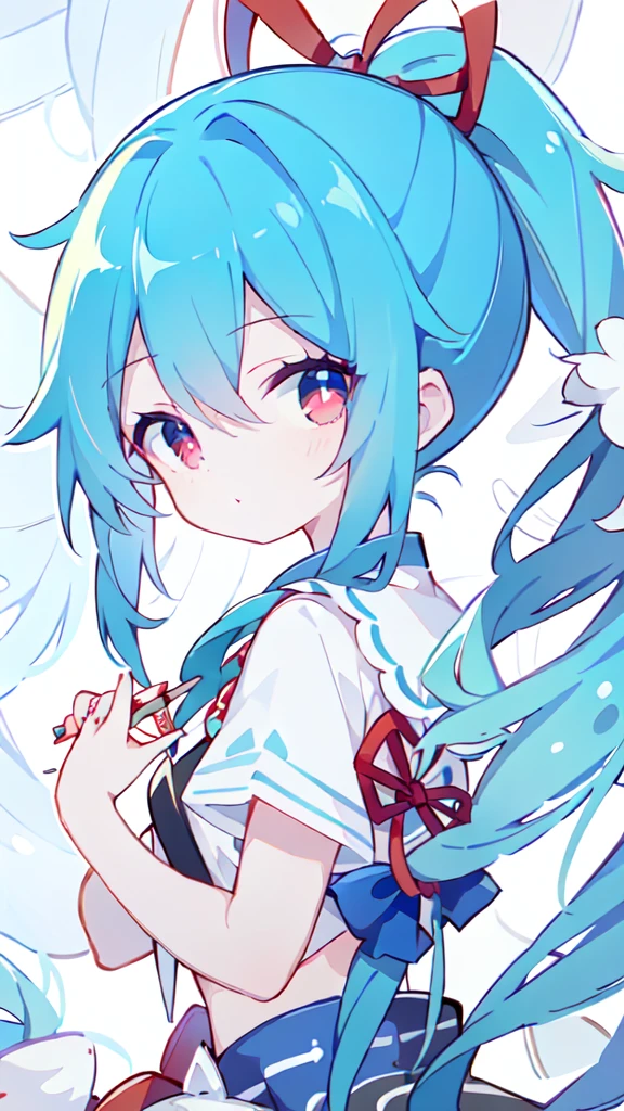 Blue Hair、ponytail、Red eyes、Wearing Japanese style、Doing nails、Angel、girl