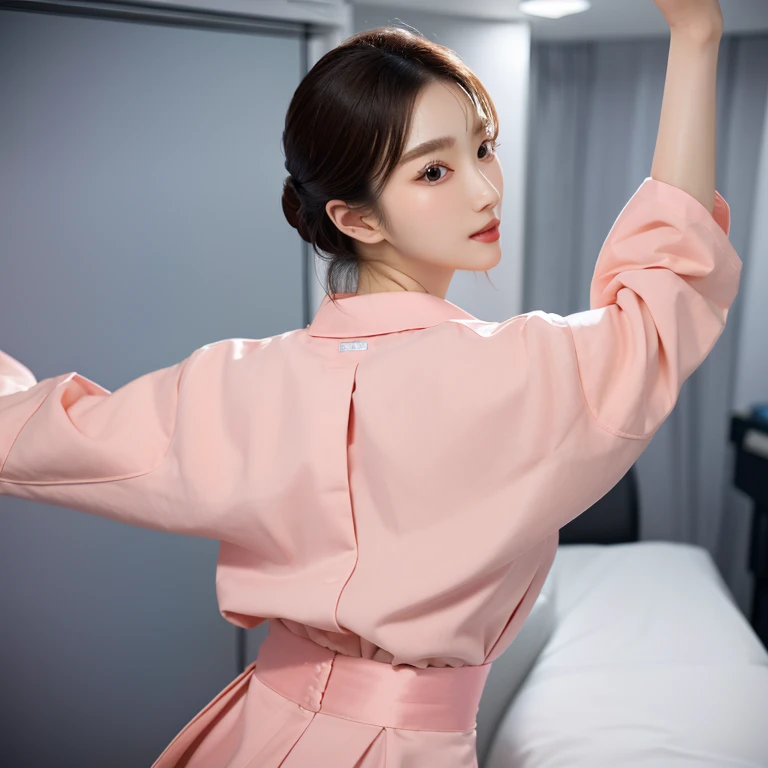 (dancing:1.5), Beautiful Korean female doctor wearing pink scrubs, beautiful detailed face, Korean woman, pale skin, realistic skin, detailed cloth texture, detailed hair texture, Perfect proportion, Beautiful Face, accurate, Anatomically correct, Highly detailed face and skin texture, from behind , looking at viewer, hospital room