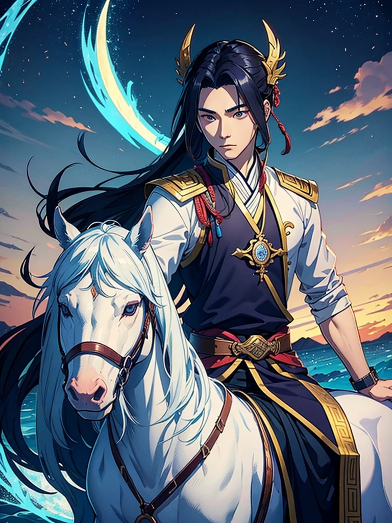 zhao zilong a handsome man, a general holding a spear and riding a white stalion