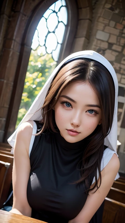 NSFW, hot, Nun Girl, Perfect face, perfect body, body shot: 1.3, Ultra details on beautiful face, Hair to the wind, ultra details, 8k, closeup on her big round breasts, background inside a church