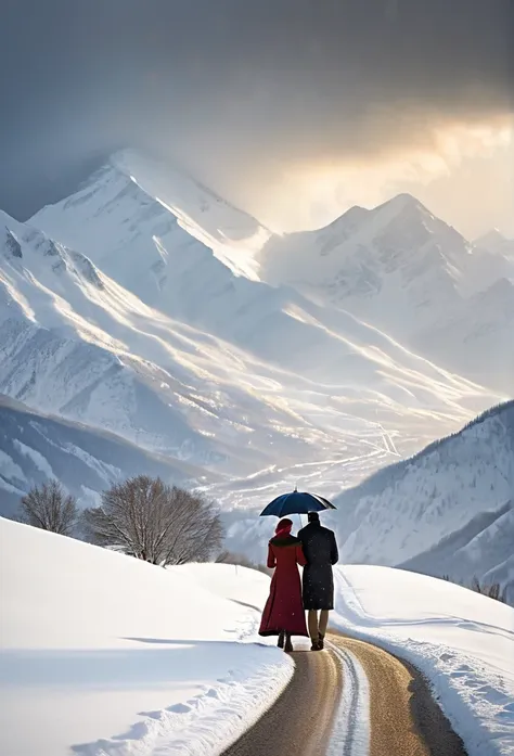 heavy snow，blizzard，下heavy snow，a couple of lovers，share an umbrella，back，back，warmth，touching，go into the distance，s-shaped pat...