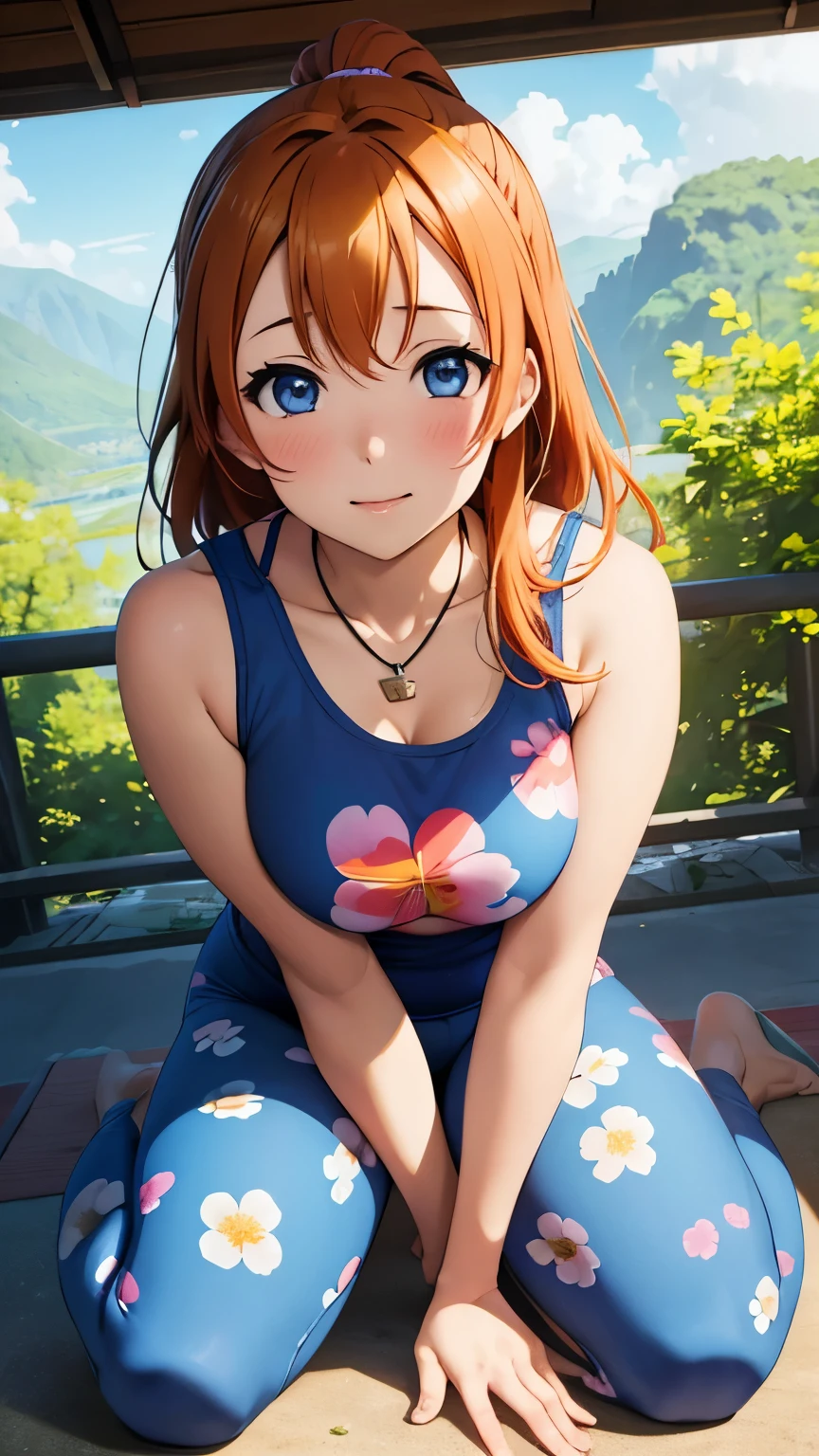 (Masterpiece, Best Quality, High quality), kousaka honoka, orange hair, low ponytail, blue eyes, illustration, beautiful, Blushing, breasts, looking up at viewer, flowers printed tank top, yoga pants, solo, curvy body, floral print, lips parted, heart pendant, perfect lighting, perfect shadows, flower, (breathtaking scenery:1.1), tree, blushing, kneeling, from above