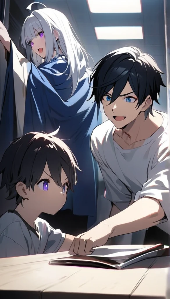 Resolution full, only face, 2person, boy and boy, (2boy), 2people, very accurate, best quality, masterpiece,  cinematic lighting, full HD, very sharpener, best art, very accurate, first boy, black hair, Deep blue eyes, oreki, ahoge hair, bangs hair, blue scarf, white T-shirt, smile open mouth, second boy, white hair, violet eyes, white T-shirt, angry, open mouth, table, at restaurant, 2 boy
