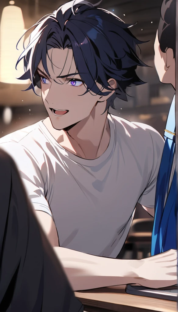 Resolution full, only face, 2person, boy and boy, (2boy), 2people, very accurate, best quality, masterpiece,  cinematic lighting, full HD, very sharpener, best art, very accurate, first boy, black hair, Deep blue eyes, oreki, ahoge hair, bangs hair, blue scarf, white T-shirt, smile open mouth, second boy, white hair, violet eyes, white T-shirt, angry, open mouth, table, at restaurant, 2 boy