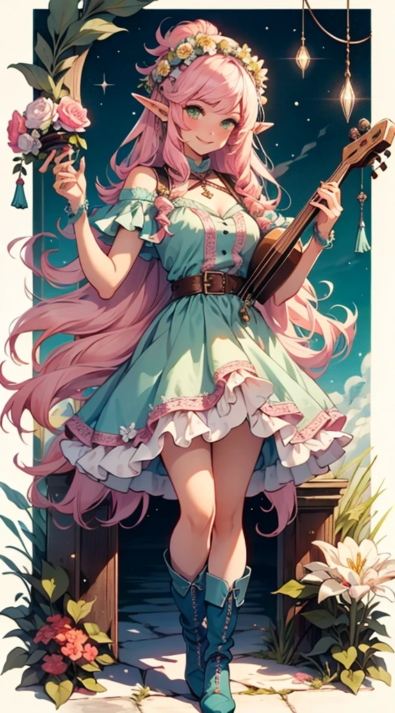 beautiful shy adult elf, long pink hair and blue streaks hair, green eyes, with flower crown, smile, flirty bard, holding lyre, full body, boots, blue and pink dress, medium bust,