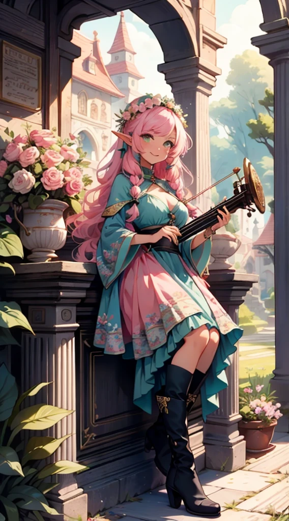 beautiful shy adult elf, long pink hair and blue streaks hair, green eyes, with flower crown, smile, flirty bard, holding lyre, full body, boots, blue and pink dress, medium bust, 