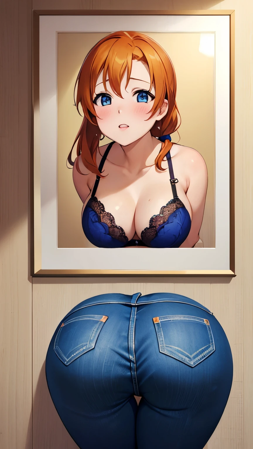 (Masterpiece, Best Quality, High quality), kousaka honoka, orange hair, low ponytail, blue eyes, illustration, beautiful, Blushing, breasts, solo, surprised, lips parted, ass view, picture in a frame, (glory wall pose:1.2), lace bra, lace panties, thigh highs