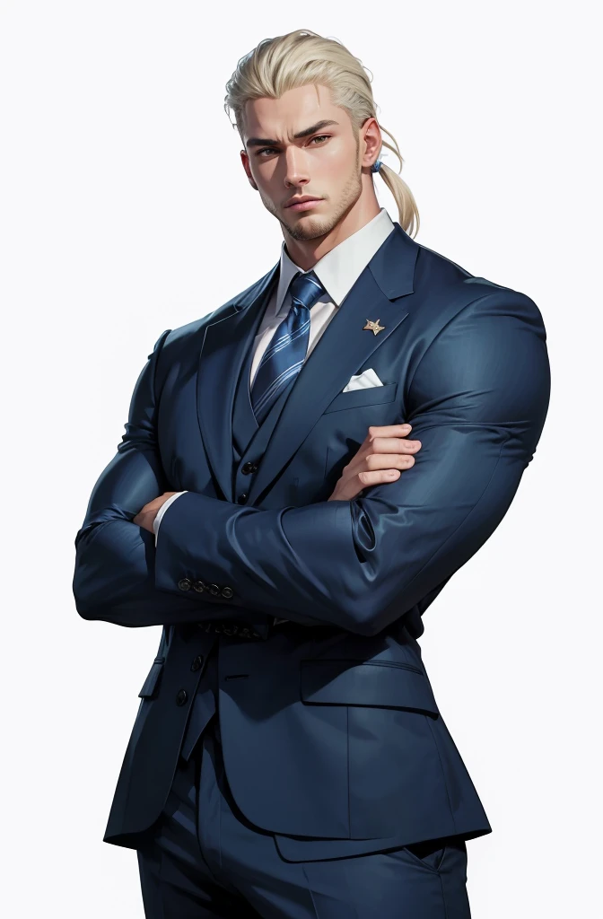 Drawing of a young Chad, Dark blue suit,hong'se'r tie, White shirt,Pants,入耳式earphone,earphone, Looking at the camera, male,Silver short hair,Blue Eyes,muscle,bodyguard,Light and Shadow,(Luminescence:1.5),(Cyberpunk:1.5)