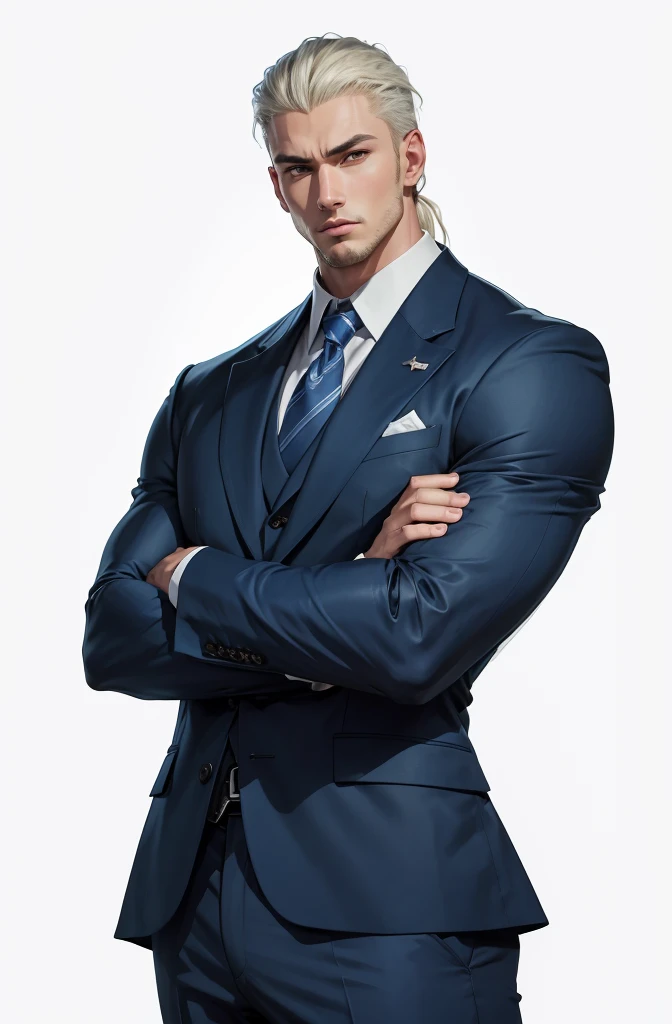 Drawing of a young Chad, Dark blue suit,hong&#39;se&#39;r tie， White shirt，Pants，入耳式earphone，earphone， Looking at the camera, male，Silver short hair，Blue Eyes，muscle，bodyguard,Light and Shadow，（Luminescence：1.5），（Cyberpunk：1.5）
