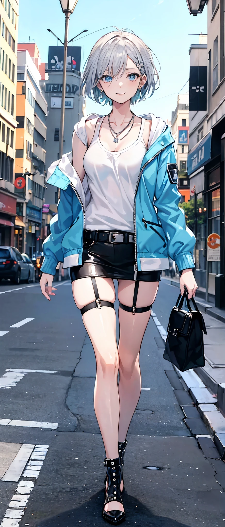 High resolution, high resolution,2D Anime Style,,Cool woman,Mature look,,20th Generation,Silver short hair,Light blue eyes,Beautiful watch,Beautiful earrings,Beautiful necklace,Wearing a jacket,Wearing a hoodie,garter belt,Punk Fashion,He is smiling a little,whole body,Walking around the city,