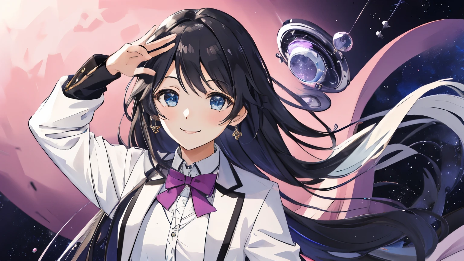 yurika, masterpiece, 1female, solo, pov, black hair, blue eyes, medium hair, pink and purple energy, formal clothes, standing, mature face, smiling, face focus, limbo, space background, black hole