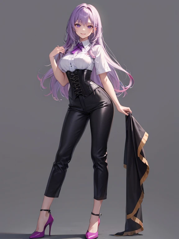 purple,long hair,woman,Shirt with rolled up sleeves,(corset),pants,high heels,,simple background,smile,whole body,full body,full body,Standing picture,vtuber,upright,,Standing upright with face and body facing forward,