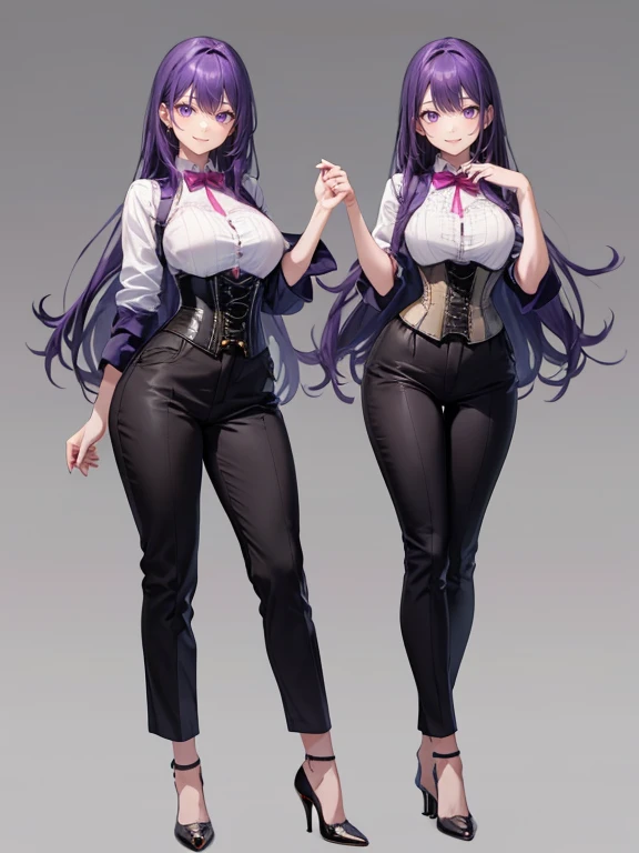 purple,long hair,woman,Shirt with rolled up sleeves,(corset),pants,high heels,,simple background,smile,whole body,full body,full body,Standing picture,vtuber,upright,,Standing upright with face and body facing forward,