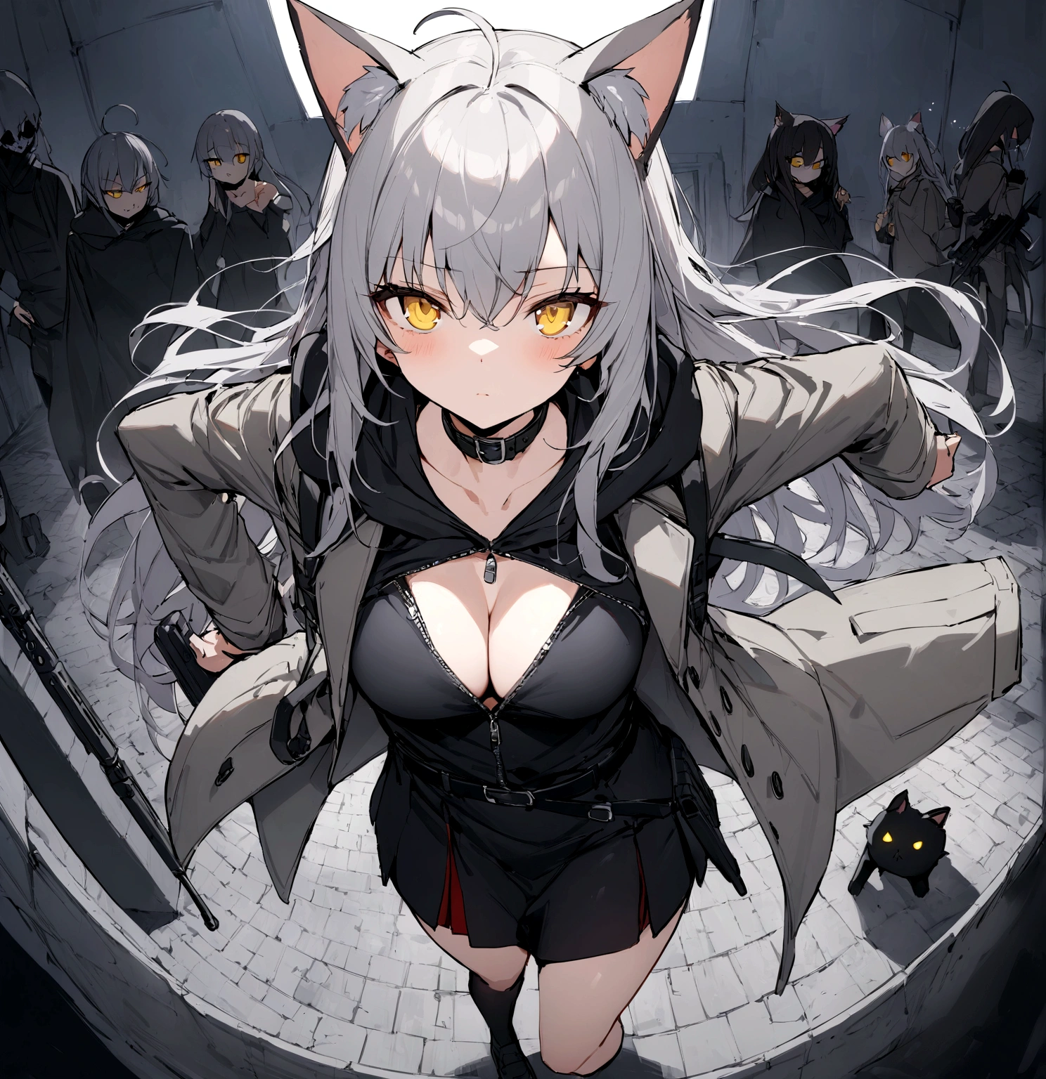 (masterpiece, best quality:1.2), 1girl, 独奏,Black military uniform、Gray cat ears、Point your gun at us、Grey long hair、Ahoge、Yellow Eyes、Grey trench coat、Gray cat ears、I took off my hoodie and put it on my shoulder、Ready your gun?、sniper rifle、Background of military bases、Fisheye Lens、battlefield、Shadows of light and darkness、Expressionless、Grim face、battle、Gray trench coat、Black knee socks、Cleavage、Black collar、Carrying a black hoodie、Flapping black zip hoodie、Dark atmosphere、Dark Secret Meeting
